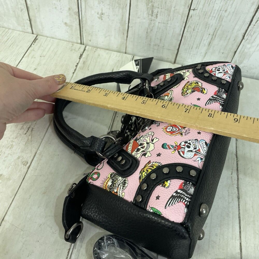 Ed Hardy Pink/Black Skull Tattoo Satchel Purse Studded Embroidered Zip Charm NWT - Picture 11 of 13